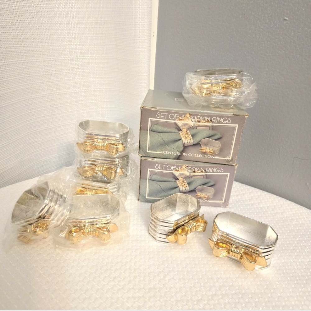 Vtg Centurion Collection Napkin Rings Bows Silver Gold Tone Silverplate Set Of 8